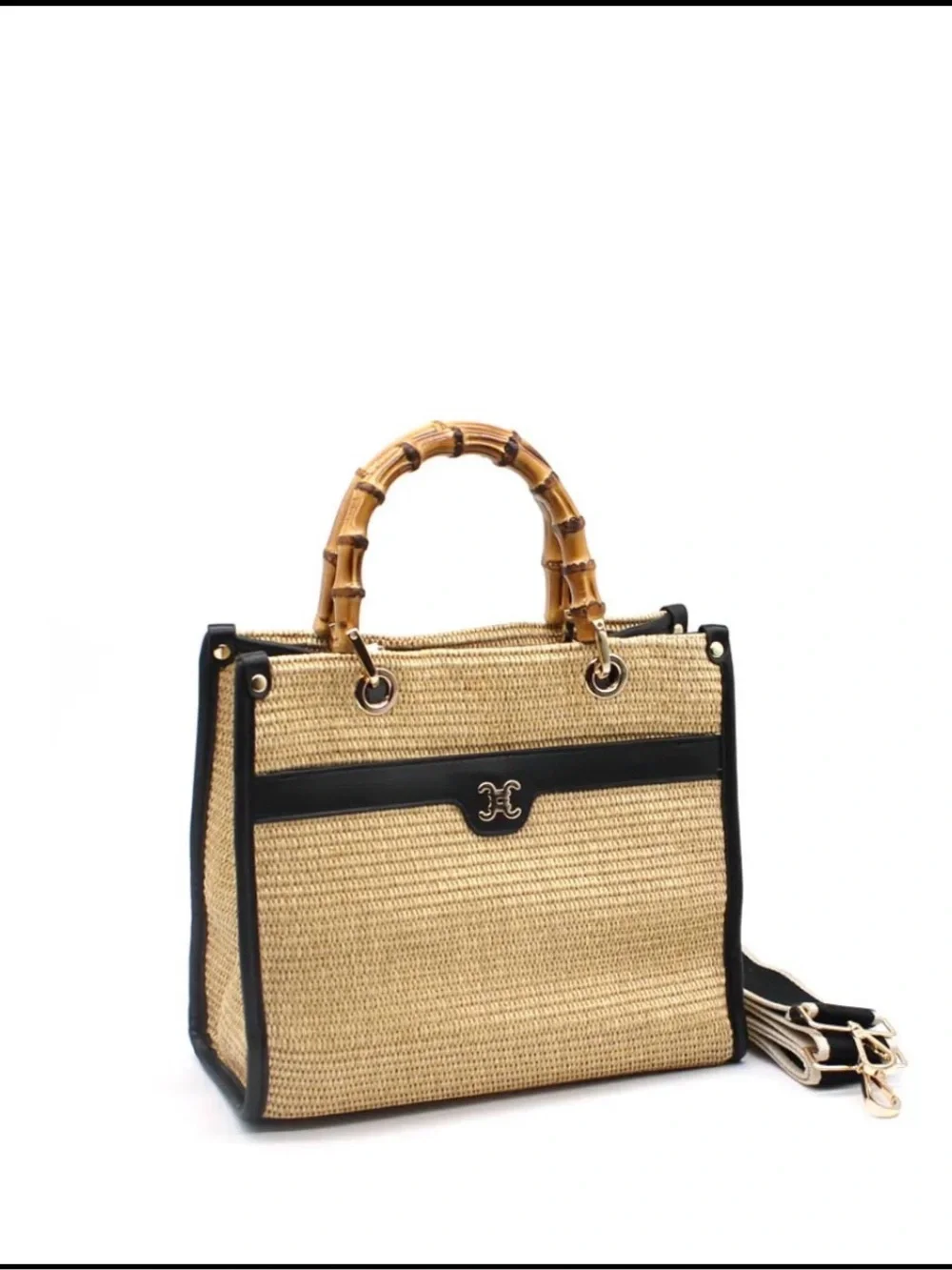 NEW- Black Trim Bamboo Handle Tote Bag From Paris - Picture 2 of 2